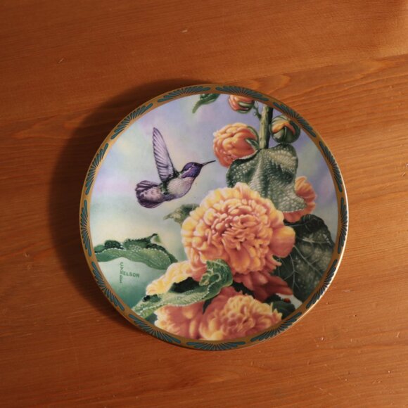 Cyndi Nelson hummingbird decorative plate "Costa's Hummingbird and Hollyhocks" - Picture 1 of 5